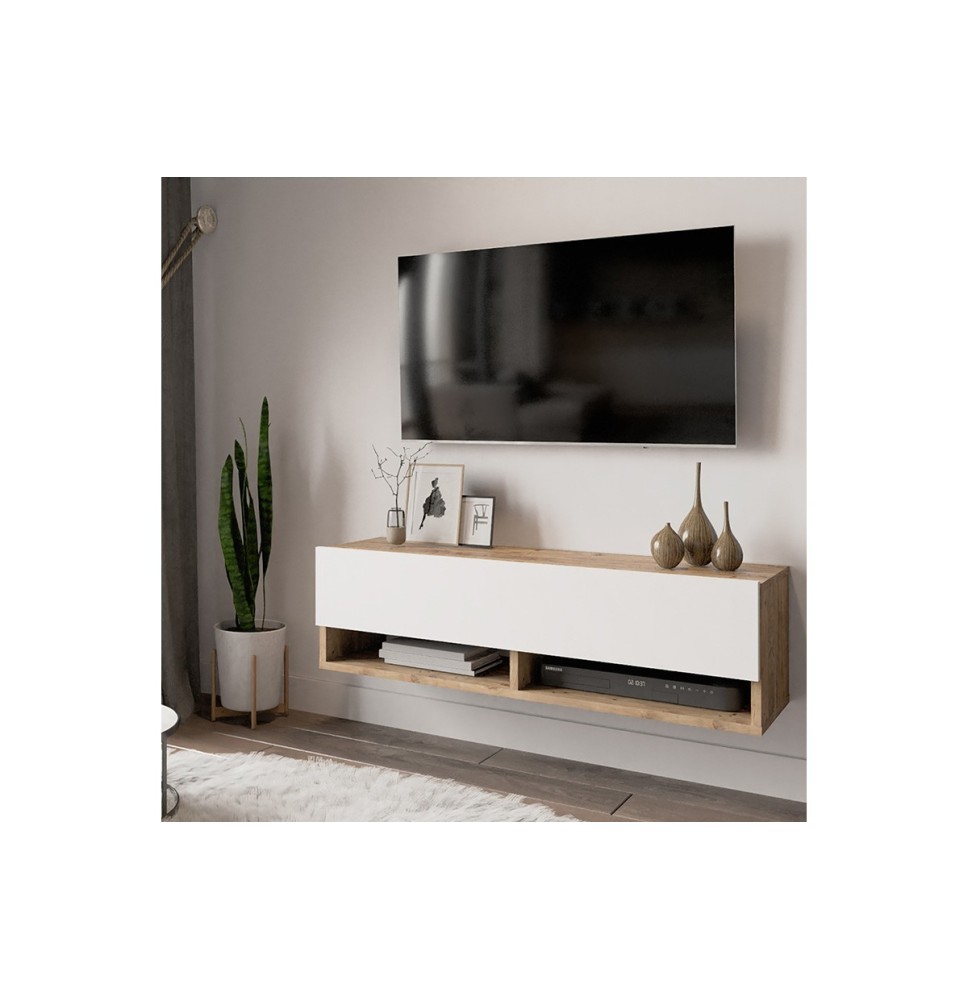 Mueble TV Moderno con 1 Puerta y Estantes en Melamina Color Cambria y Blanco - 100x31.5x29.6cm