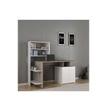 Mesa de Despacho con Estantería y 2 Cajones, Gris-Beige-Blanco, 146x60x129 cm, Diseño Moderno para Oficina