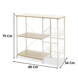 Estanteria de Cocina con 2 Cestas de Malla Metálica Blanca, 3 Estantes y Ganchos 80x34x75cm Color Madera y Blanco